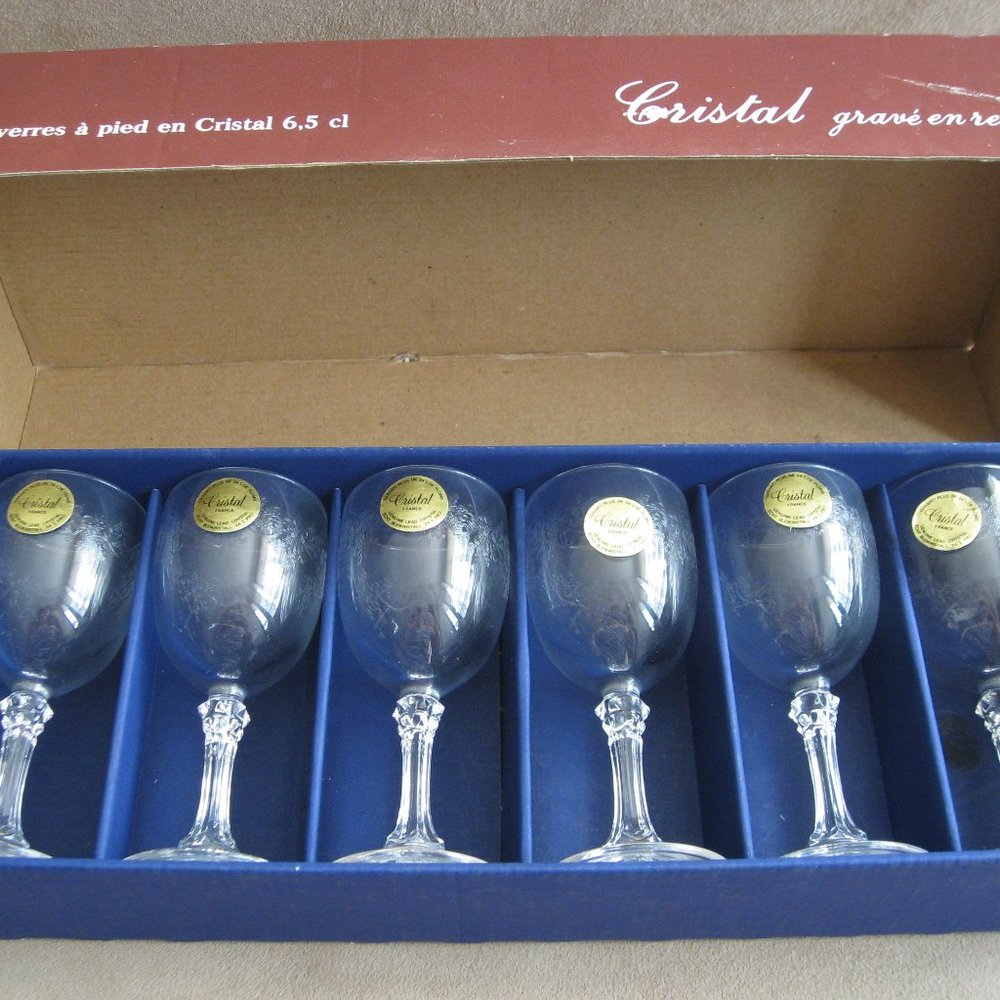 Vintage 6 Engraved Glass Vintage Cristal France Genuine Lead Crystal 24% PBO